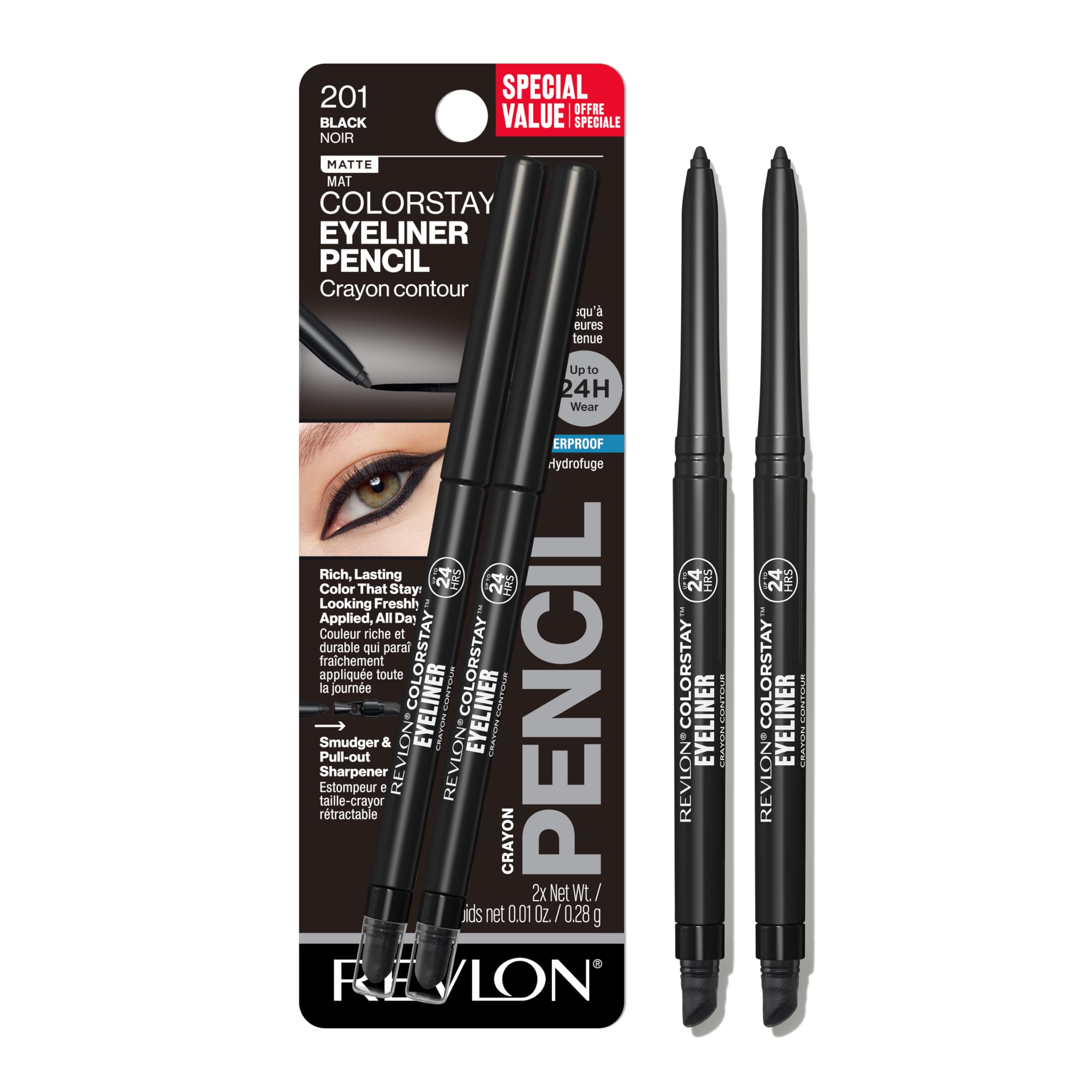 Revlon ColorStay waterproof eyeliner 201 Black, best waterproof black pencil eyeliner 2026, long lasting smudge proof eyeliner 2 pack, Revlon eyeliner with built in sharpener, top drugstore waterproof eyeliner review