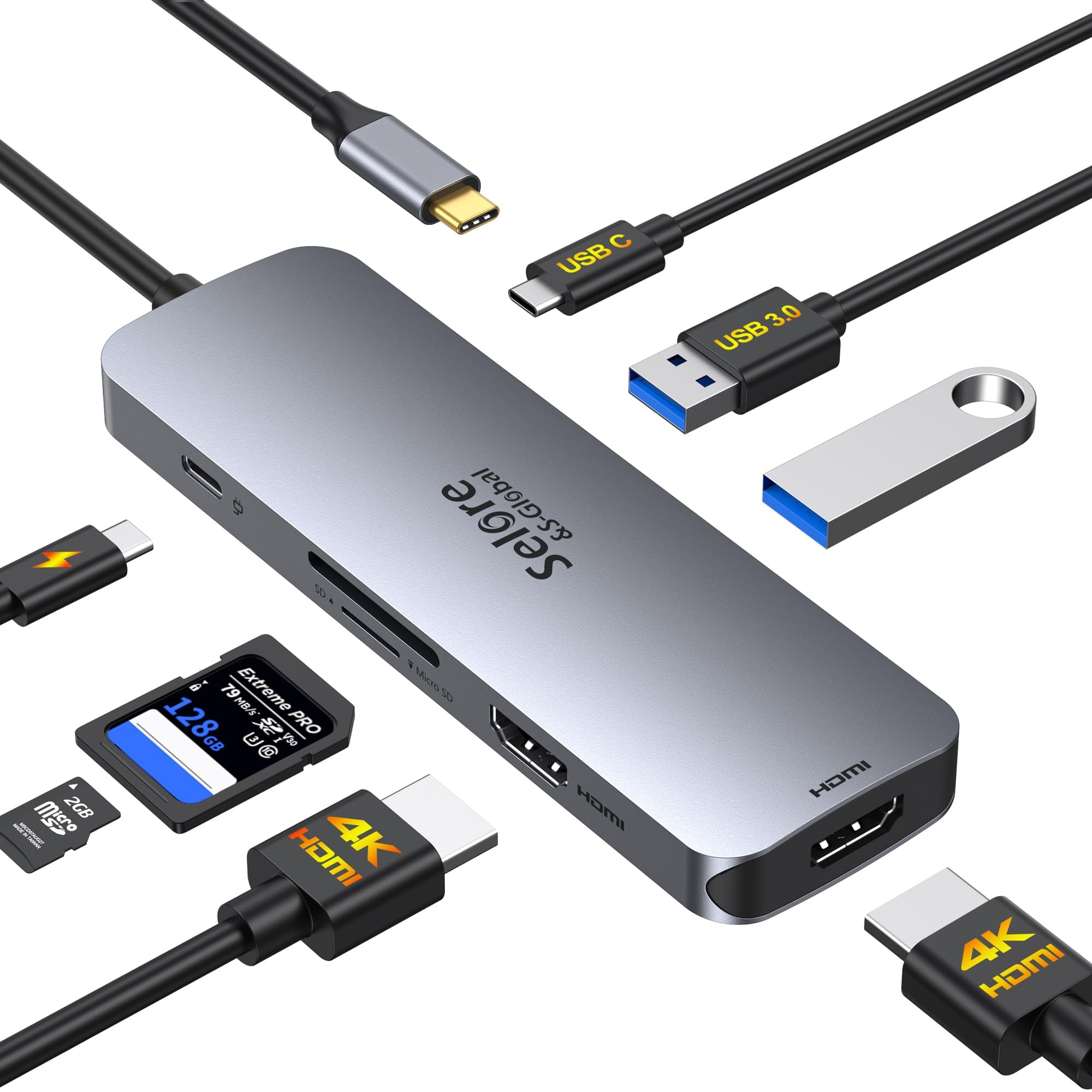 Selore USB C Docking Station Dual Monitor, USB C to Dual HDMI Adapter | Dual 4K@60Hz HDMI Ports, PD Charging, SD/microSD, USB