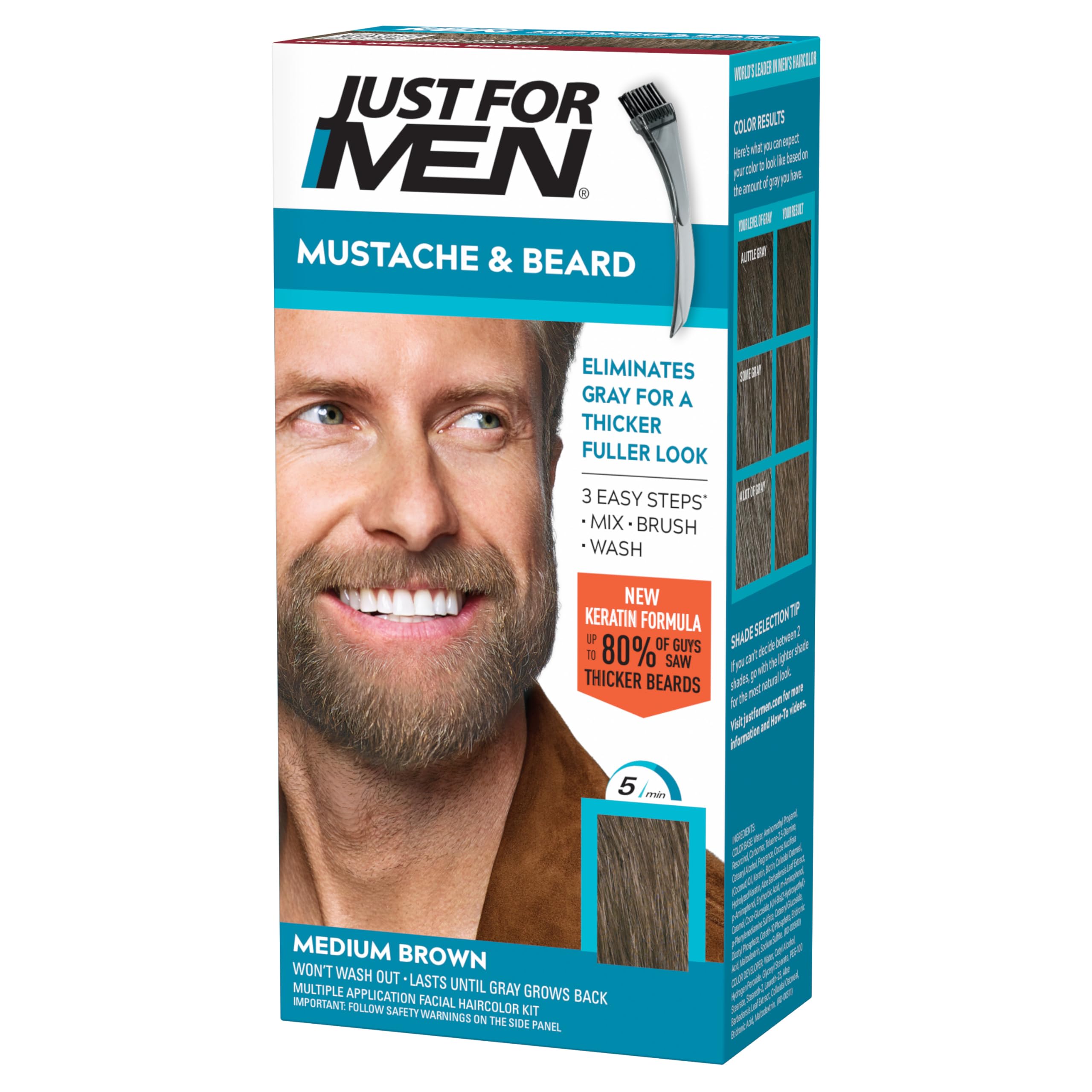 JUST FOR MEN Mustache & Beard Dye, Keratin, Medium Brown M-35 (1 Pack) | Mustache & Beard color medium brown designed for fac